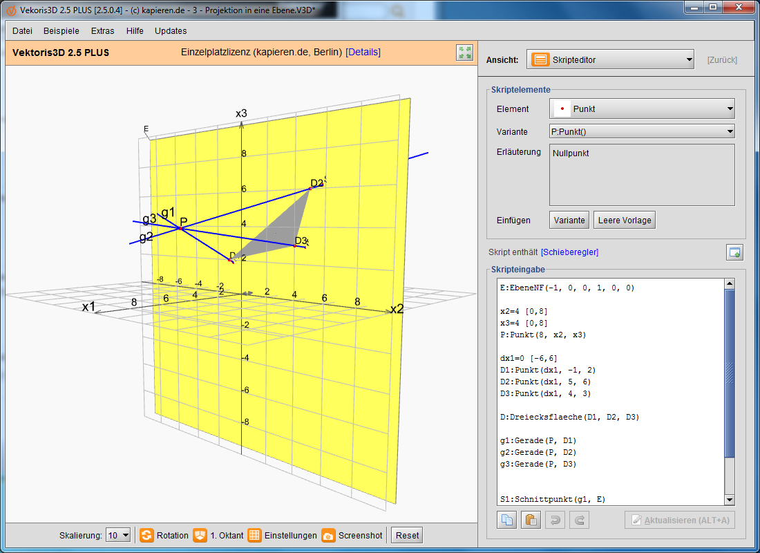 Vektoris3D zeigt die Projektion eines Punktes auf eine Ebene mit Skripteditor